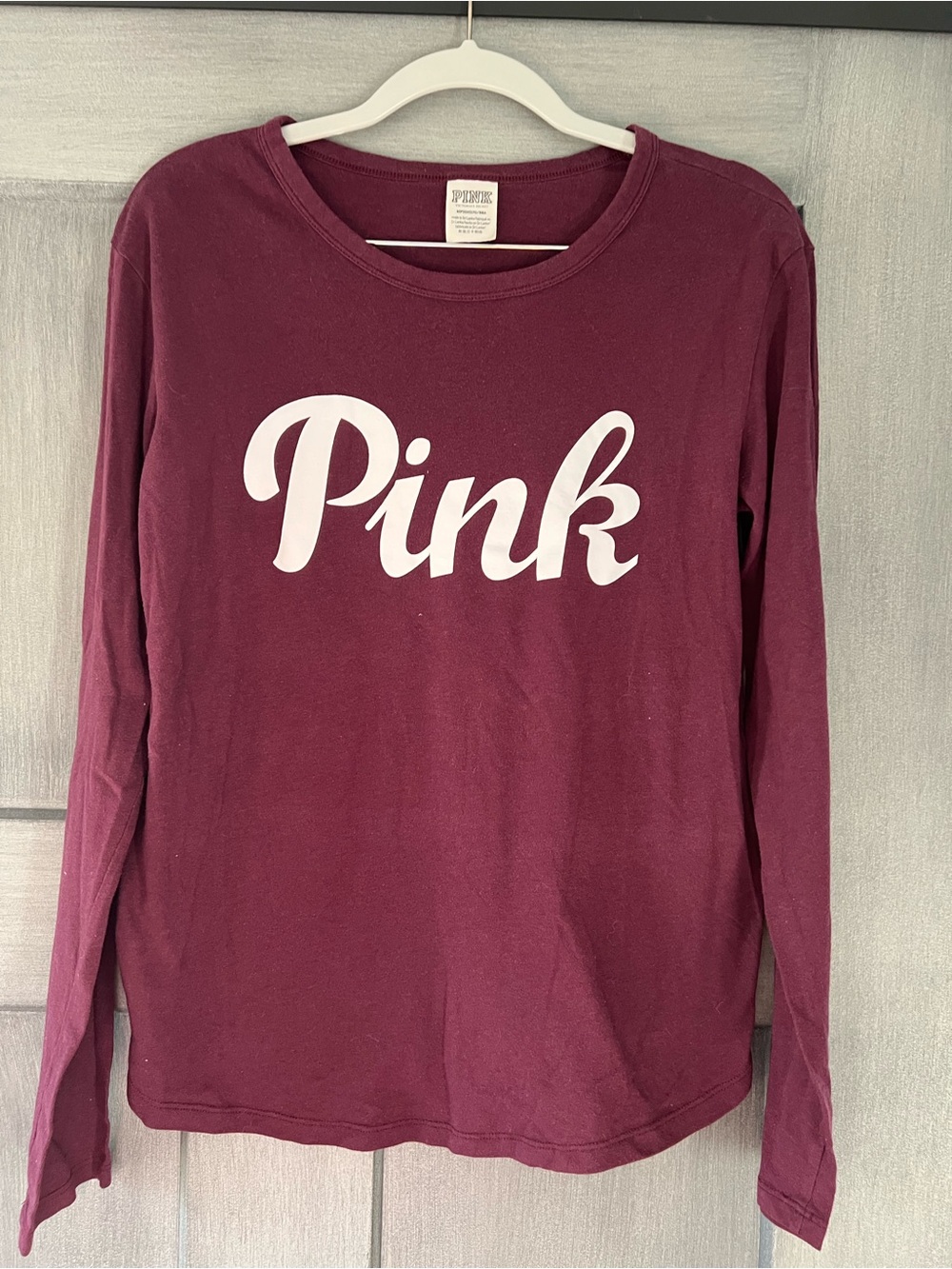 Victorias Secret PINK Burgundy White Logo Long Sleeve Shirt Top Cotton Sz Small